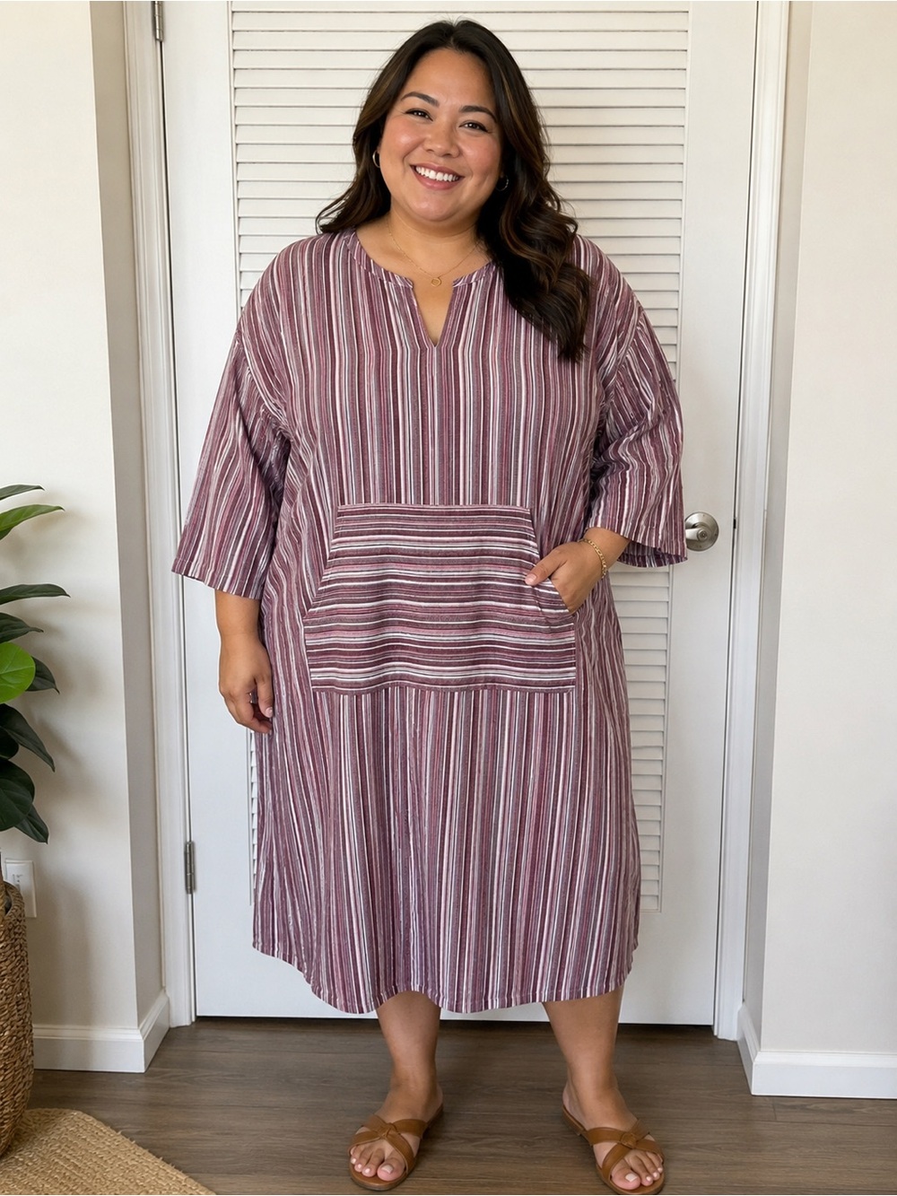 Striped Midi Dress in Mauve Pink